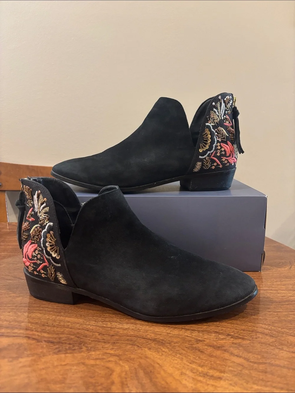 Reaction Kenneth Cole Black Suede Ankle Booties with Embroidered Floral Heel